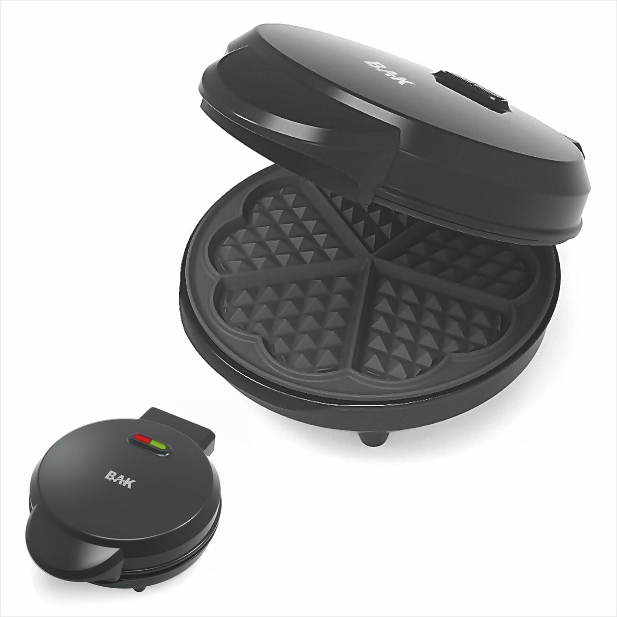 Máquina de waffles BAK aberta ao lado da versão compacta